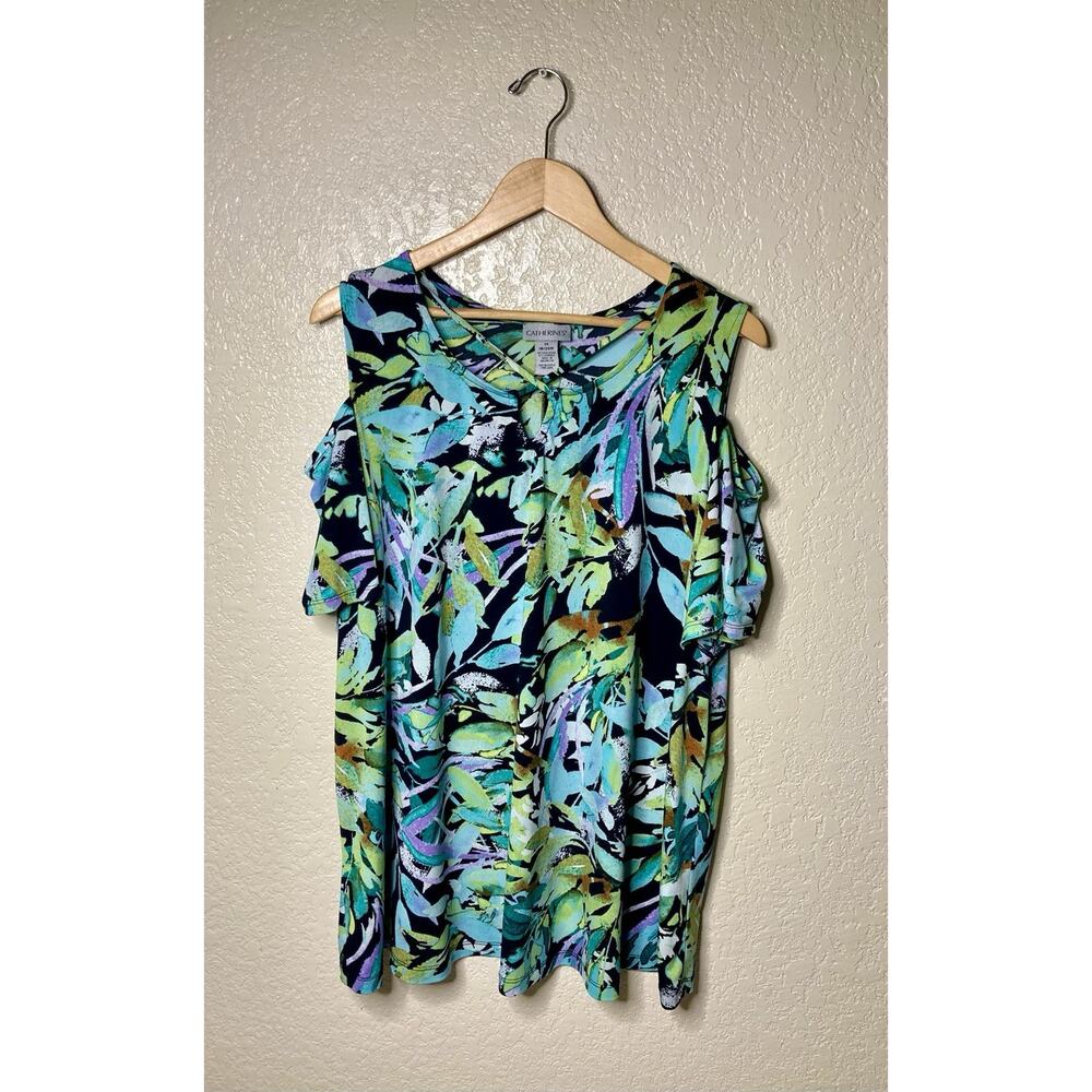 Catherines Top Size 1X 18-20 Cold Shoulder Criss Cross Neckline Hawaiian
